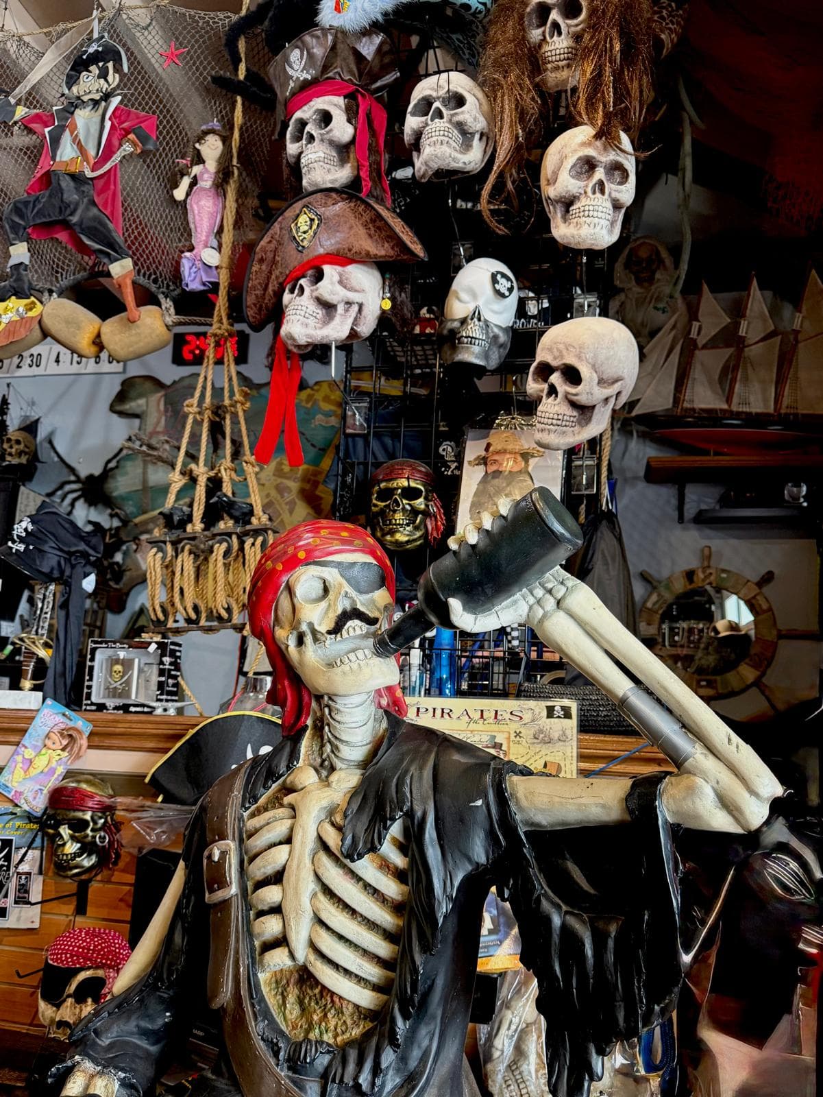 Pirate skeleton decorations inside the Pirate Shop